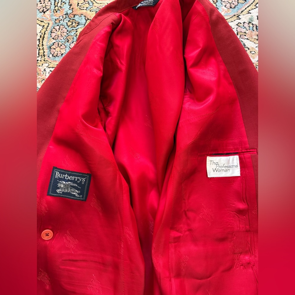 Burberry Red Wool Double-Breasted Blazer jacket Silver Crest Buttons - Picture 6 of 10